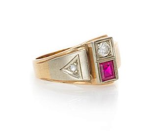 * A 14 Karat Yellow Gold, Diamond and Synthetic Ruby Ring, 3.90 dwts.