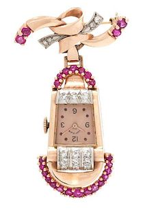 A Retro Rose Gold, Diamond and Ruby Pendant/Brooch Watch, Lady Elgin, Circa 1942, 12.30 dwts.