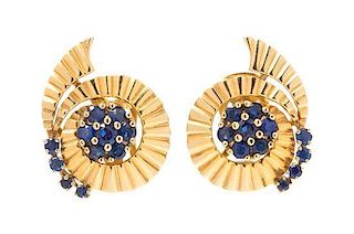 A Pair of Retro Yellow Gold and Sapphire Spiral Ear Clips 5.60 dwts.