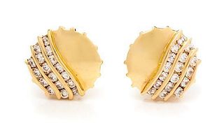 A Pair of 14 Karat Yellow Gold and Diamond Earclips, 3.90 dwts.