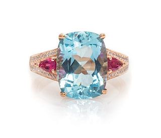 * A 14 Karat Rose Gold, Aquamarine, Pink Tourmaline and Diamond Ring, 5.70 dwts.