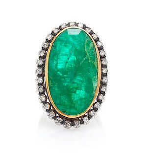 * A Silver Topped Yellow Gold, Emerald and Diamond Ring, 8.20 dwts.