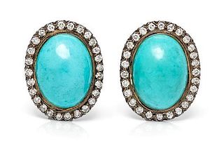 A Pair of Turquoise and Diamond Earclips, 11.30
