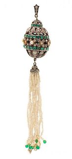 * A Silver, Emerald, Dyed Chalcedony, Diamond and Seed Pearl Tassel Pendant, 12.40 dwts.