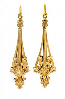 A Pair of Yellow Gold Pendant Earrings, 4.00 dwts.