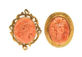 A Collection of Yellow Gold and Carved Coral Cameos, 6.70 dwts.