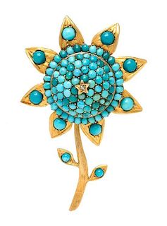 A Gold, Silver, Turquoise and Diamond Flower Brooch, 13.40 dwts.