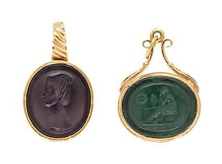 A Collection of Yellow Gold and Glass Intaglio Pendants, 19.30 dwts.