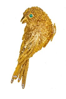 18K Yellow Gold And Diamond Goldfinch Brooch, 38 Grams L 2.5''
