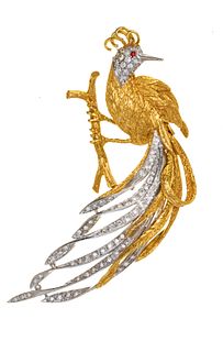 18K Gold, Diamond Brooch - Peacock H 2.7''