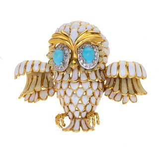 18k Gold, Diamond, Turquoise Brooch, Snowy Owl 1 pc