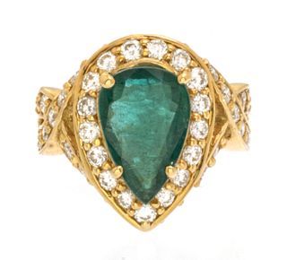 2.58 Carat Natural Emerald, 5.5 Carat Diamond & 18kt Gold Ring, Size: 4.75