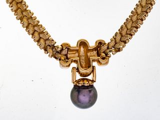 14K Gold Necklace, Black Pearl Pendent L 15''