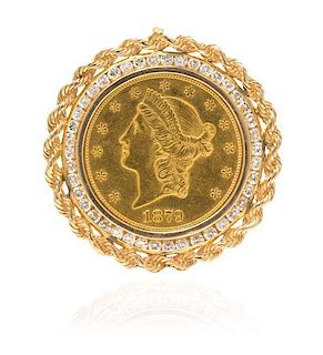 A 14 Karat Yellow Gold and US $20 Liberty Head Coin Pendant, 32.30 dwts.