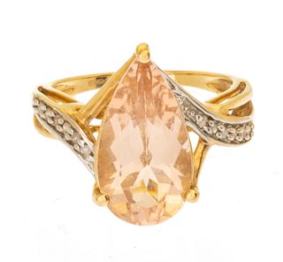 Morganite Pear Shape Ring 3.36 Carat & Diamonds, 10kt Gold, Size: 4.75