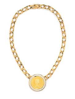 An 18 Karat Yellow Gold, Canada $100 1977 Coin and Diamond Necklace, 64.80 dwts.