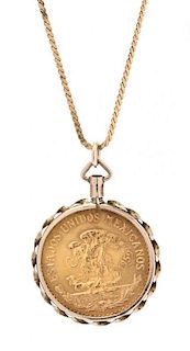 A Yellow Gold and Mexico 20 Peso Coin Pendant, 15.60 dwts.