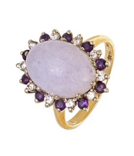 Lavender Cabochon Jadeite, Diamond And 14K Gold Ring, Size 7