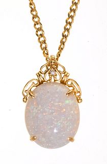 White Opal And 14K Yellow Gold Bezel Pendent On Chain L 17''