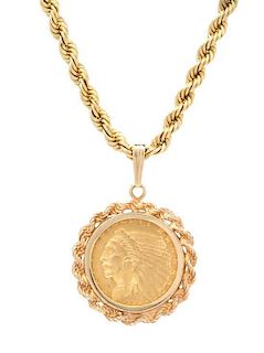 A 14 Karat Yellow Gold and US $2 1/2 1929 Indian Head Coin Pendant, 14.90 dwts.