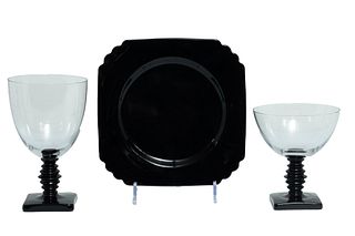 Art Deco Clear And Black Stemware And Plates 29 pcs