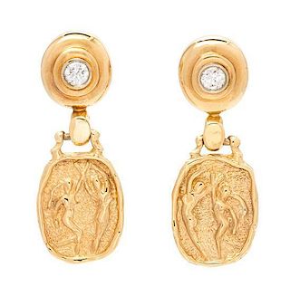 A Pair of Yellow Gold and Diamond Dancing Motif Earrings, 19.40 dwts.