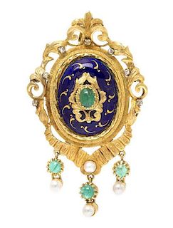 An 18 Karat Yellow Gold, Emerald, Cultured Pearl and Enamel Pendant/Brooch, Toliro, 13.90 dwts.