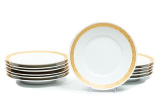 Royal Copenhagen (Danish) 'Gold Fan' Porcelain Dinner Plates, Dia. 10'' 12 pcs
