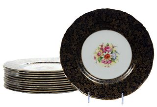 Royal Worcester Porcelain Dinner Plates Decorated By William Hale, Cobalt Blue And Fired Gold Border, Floral Centers, Dia. 10.5'' 12 pcs