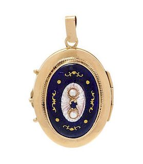 * A 14 Karat Yellow Gold, Polychrome Enamel, Seed Pearl, and Sapphire Locket, 11.00 dwts.
