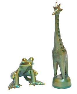Zsolnay (Hungary) Porcelain Frog And Giraffe H 3'' 2 pcs