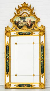 French Trumeau Style Gilded & Painted Wood Mirror, H 61'' W 28.5''