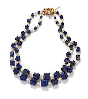 A Rose Gold, Lapis Lazuli and Cultured Pearl Double Strand Necklace, 89.50 dwts.