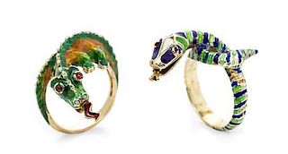 * A Collection of Yellow Gold and Polychrome Enamel Reptile Rings, 12.20 dwts.