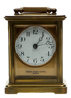 Carriage Clock, Shreve Crump & Low Brass H 4.7'' W 3''