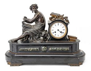 French Bronze & Marble Allegorical Mantel Clock,  Mid-19th C., H 15.5'' W 21''
