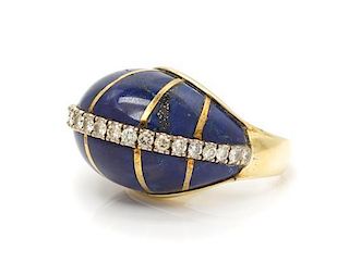 * A Yellow Gold, Lapis Lazuli and Diamond Bombe Ring, 10.90 dwts.