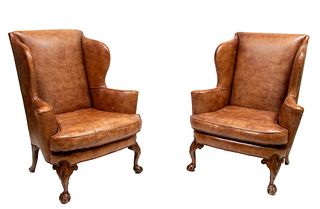 Leather Upholstered Wingback Chairs H 44'' W 36'' Depth 32'' 1 Pair