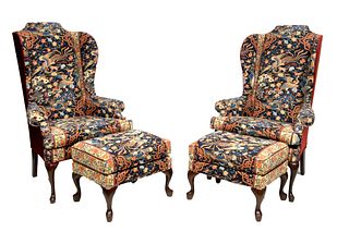 Queen Anne Style Wingback Chairs With Ottomans, Oriental Upholstery, H 51'' W 33'' Depth 23'' 4 pcs