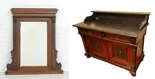 Austrian Walnut Marble Top Wash Bureau And Mirror C. 19th.c., H 35'' W 46'' Depth 23''