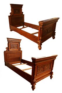 Austrian Carved Walnut Twin Beds (2), 19th Century, 1 Pair