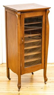 Carved Mahogany Record Cabinet, C. Mid 20th C.,, H 40'' W 18'' Depth 15.5''