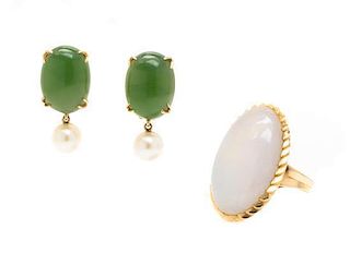 * A Collection of Yellow Gold and Jade Jewelry, 18.40 dwts.