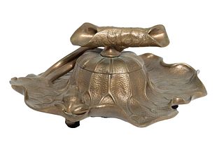 Bronze Rotating Inkwell, Lily, Leaf And Frog Dia. 8.5''