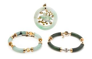 A Collection of 14 Karat Yellow Gold and Jade Jewelry, 48.30 dwts