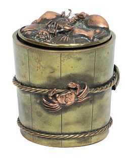 Marine Life Brass And Copper Inkwell C. 19th.c., H 2.5'' Dia. 2''