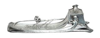 WMF Art Nouveau Pewter Inkwell Inkwell, Flowers & Reclining Nude C. 1905, W 4'' L 12''