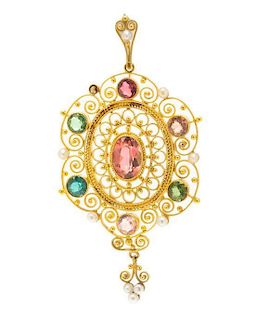 An 18 Karat Yellow Gold, Multigem and Seed Pearl Pendant, 4.30 dwts.