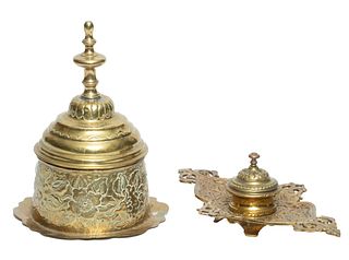 Brass Inkstand And Biscuit Box C. 1900, H 7'' Dia. 7'' 2 pcs