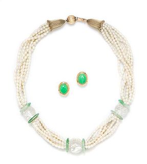 A Collection of 14 Karat Yellow Gold, Jade, Rock Crystal and Cultured Pearl Jewelry,